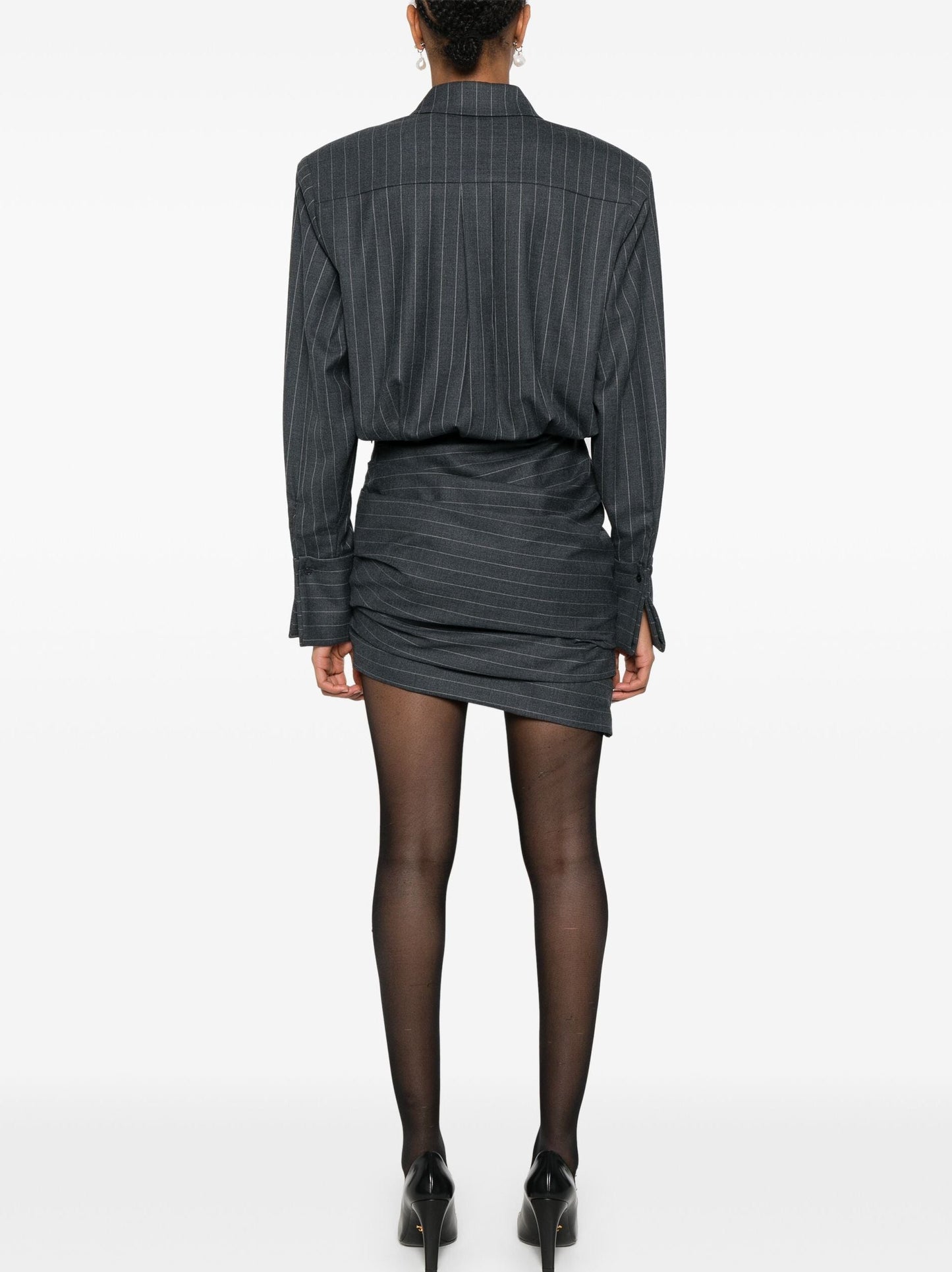 Pinstripe Grey Draped Bodycon Mini Shirt Dress highlighting its stylish design and fit
