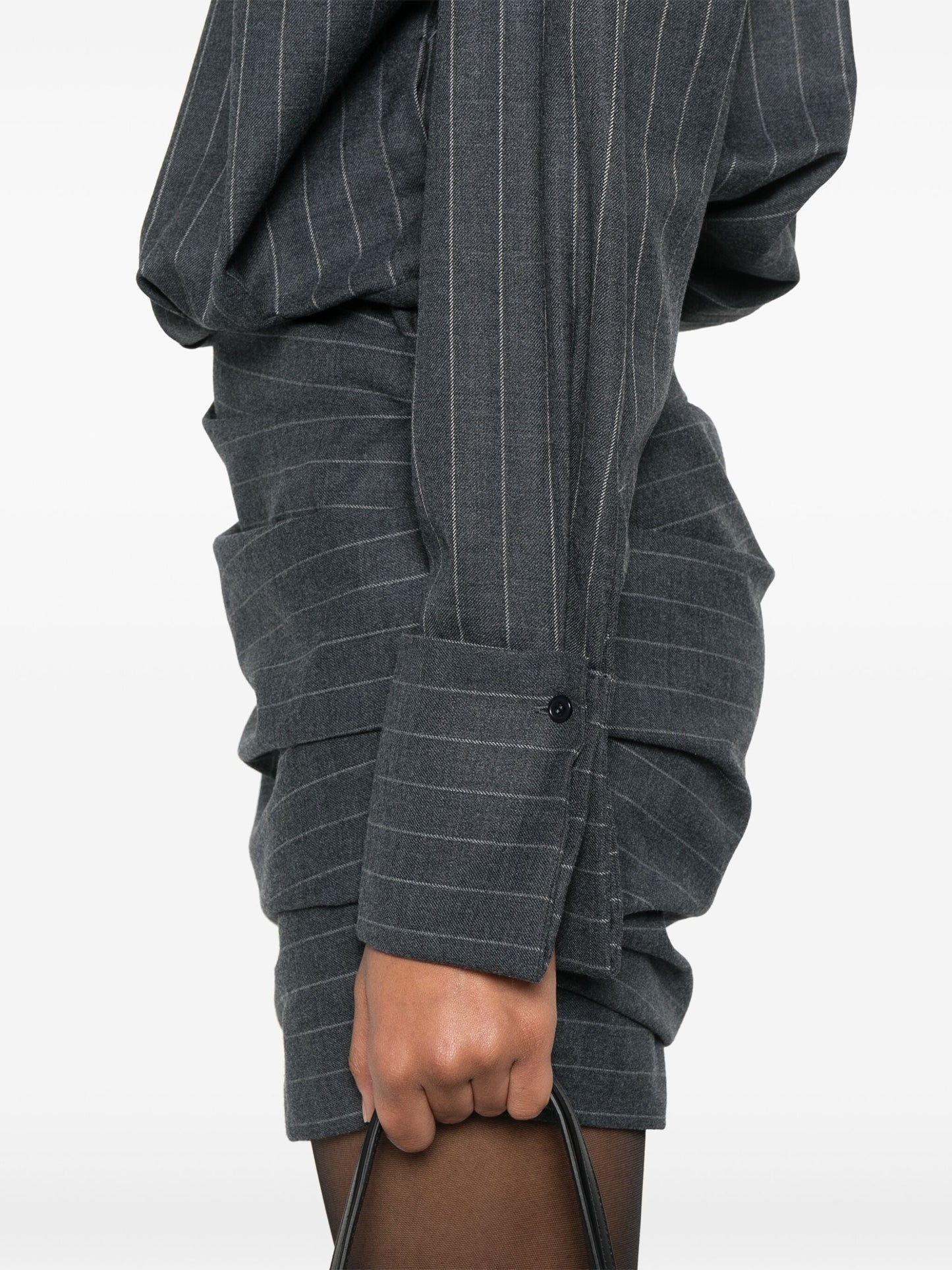 Pinstripe grey draped bodycon mini shirt dress showcasing elegant style and fit