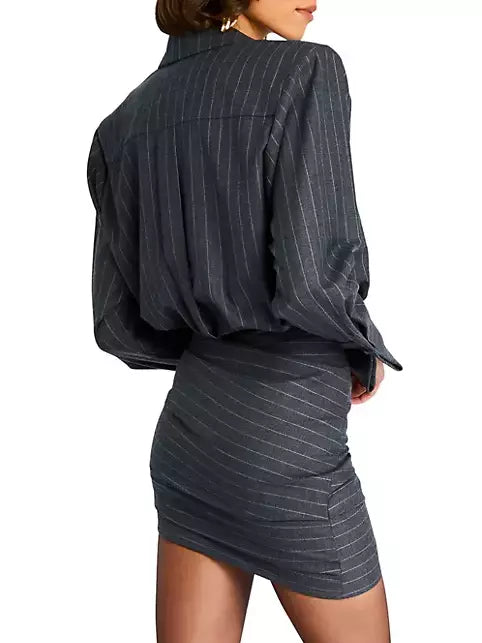 Pinstripe Grey Draped Bodycon Mini Shirt Dress showcasing a stylish draped design