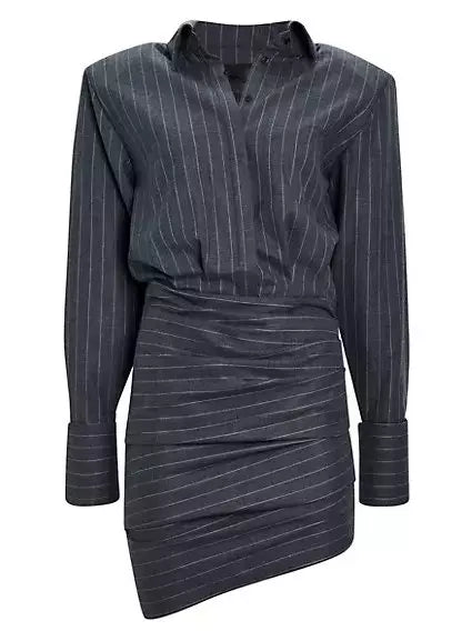Pinstripe Grey Draped Bodycon Mini Shirt Dress showcasing stylish draped design