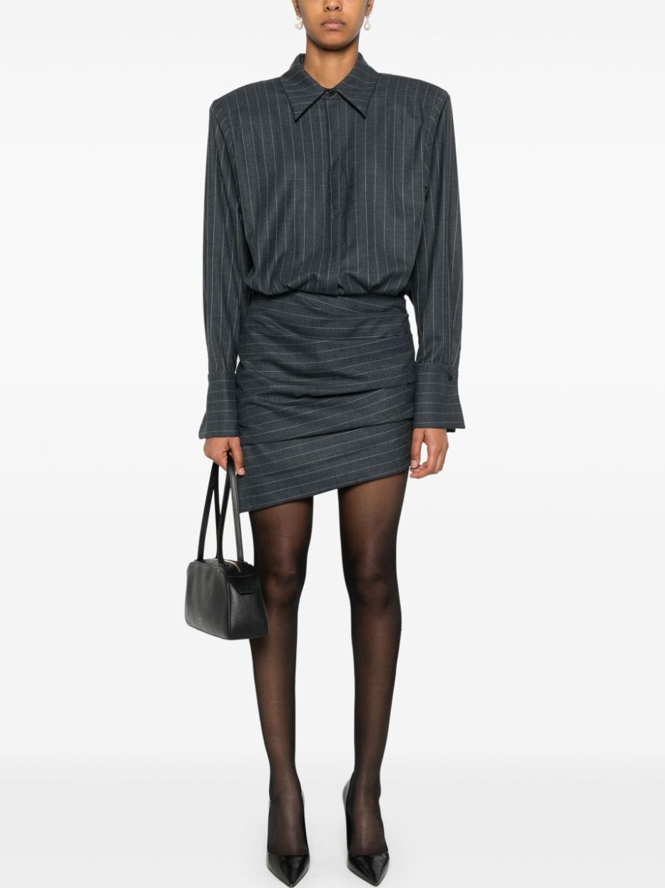 Pinstripe Grey Draped Bodycon Mini Shirt Dress showcasing a stylish draped design