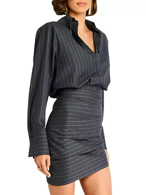 Pinstripe Grey Draped Bodycon Mini Shirt Dress featuring a stylish collar and mini length