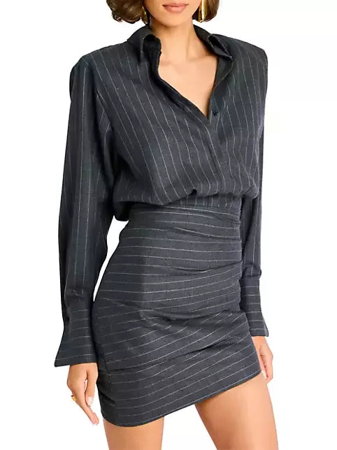 Pinstripe Grey Draped Bodycon Mini Shirt Dress showcasing stylish elegance and comfort