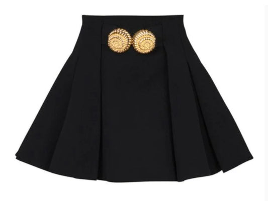 Pleated Flared Mini Skirt in Black with Gold Spiral Buttons - Skirts