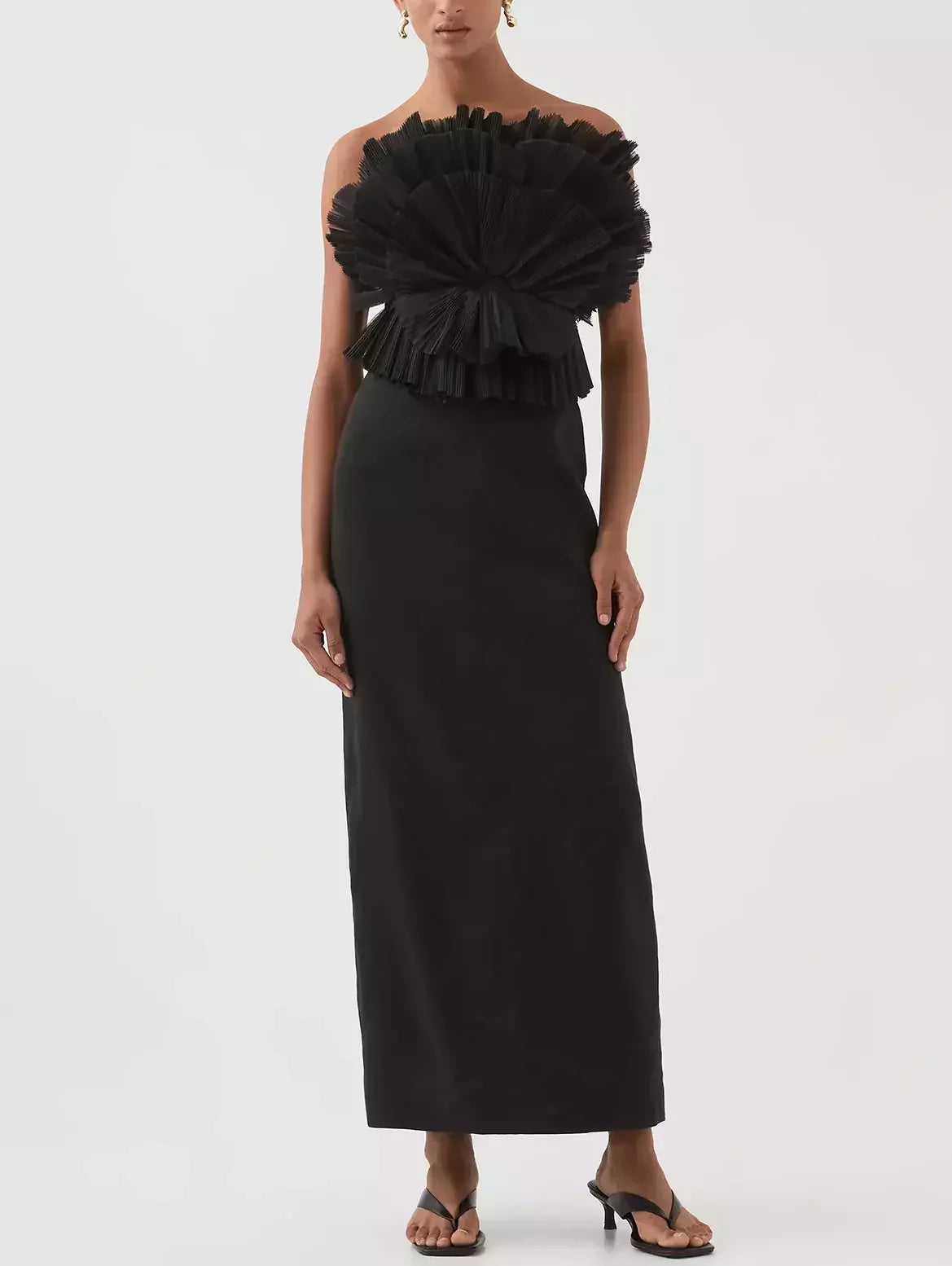 Pleated Frill Bodice Sleeveless Midi Dress - S / Black - Dresses