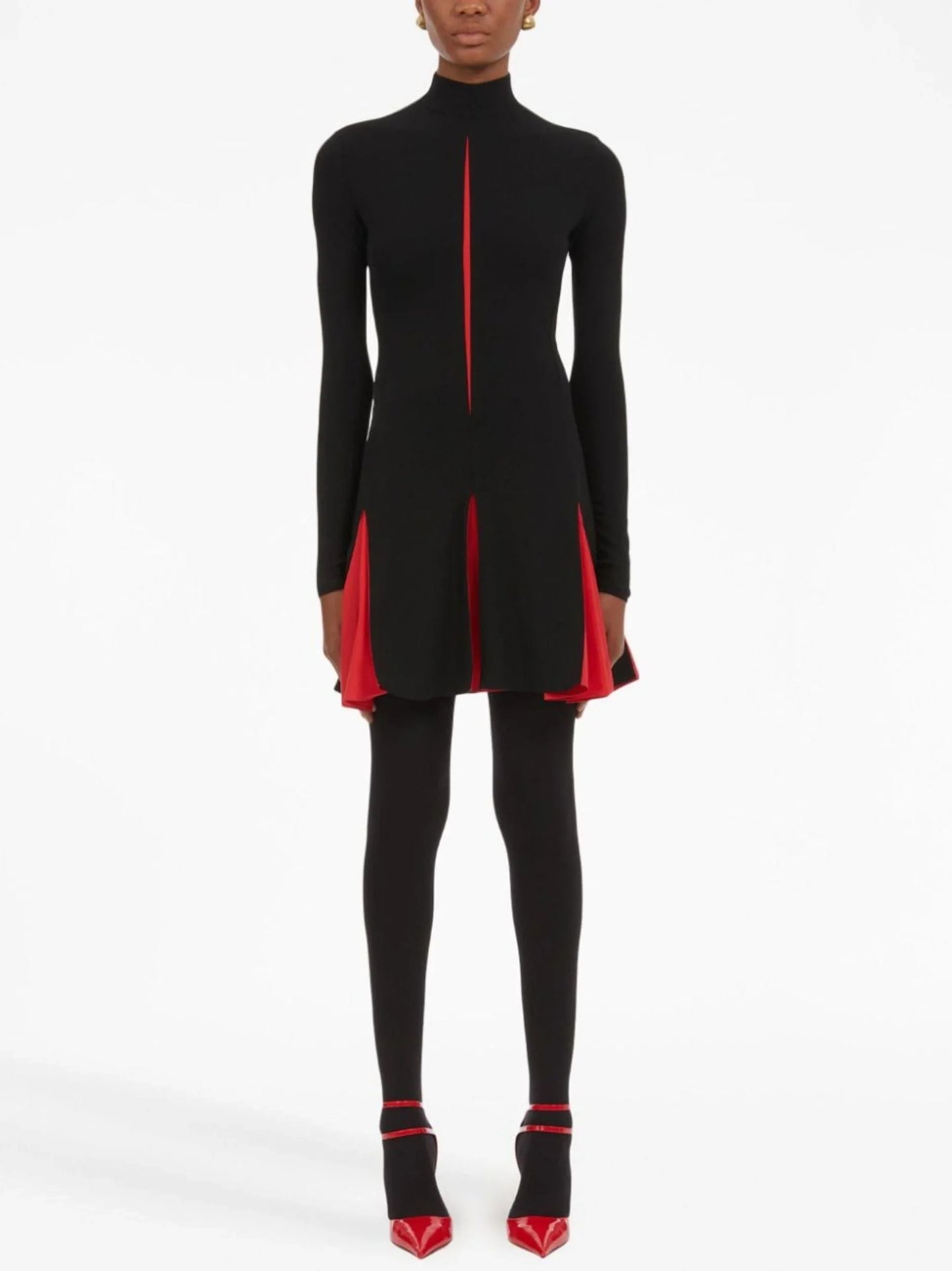 Pleated High-Neck Two-Toned Mini Skater Dress - Dresses