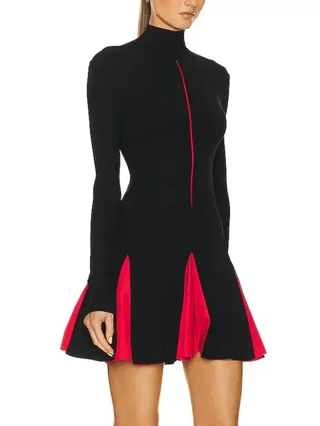 Pleated High-Neck Two-Toned Mini Skater Dress - Dresses