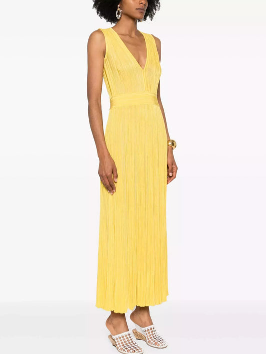Pleated V-Neck Knit Sleeveless Maxi dress in Yellow - Dresses