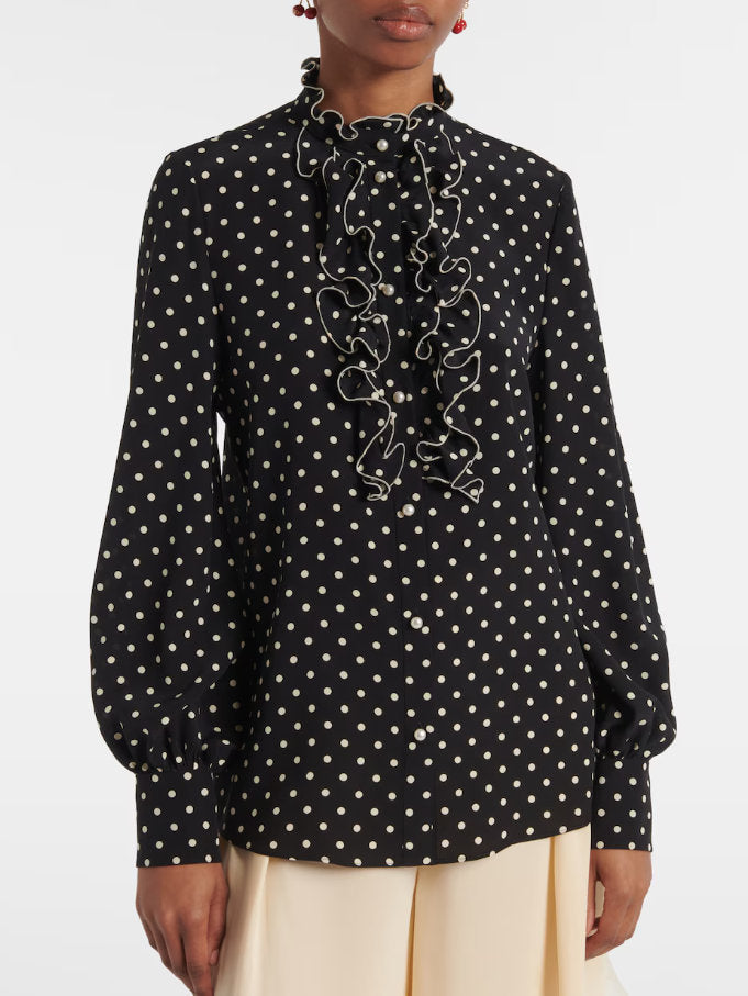 Polka-Dot Print Ruffle Silk Blouse - Tops