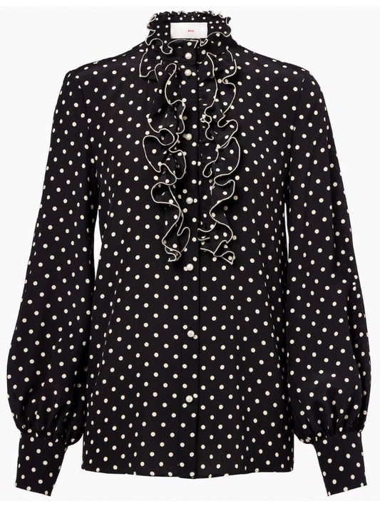 Polka-Dot Print Ruffle Silk Blouse - Small - Tops