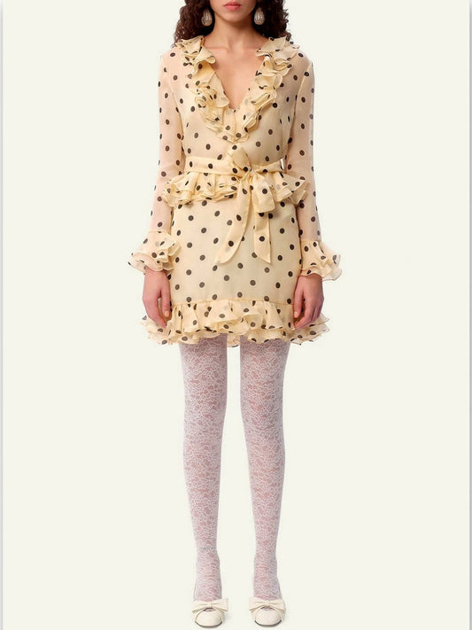 Polka Dot Ruffle Silk Organza Mini Dress - Medium - Dresses