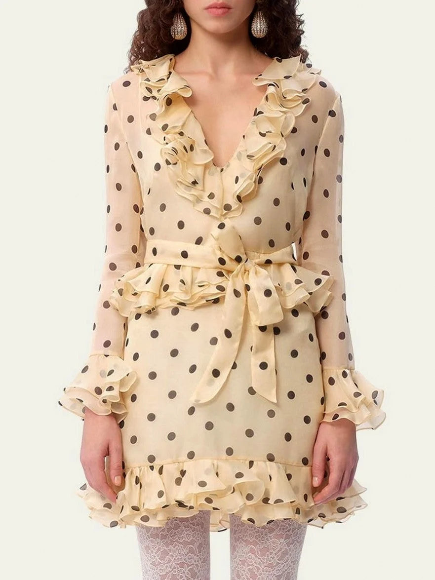 Polka Dot Ruffle Silk Organza Mini Dress - Small - Dresses