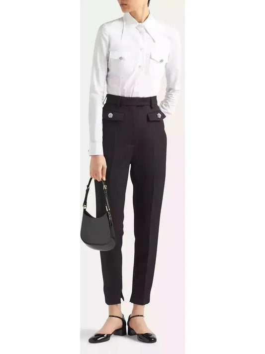 Poplin Long-Sleeve Top with Crystal Buttons - Tops