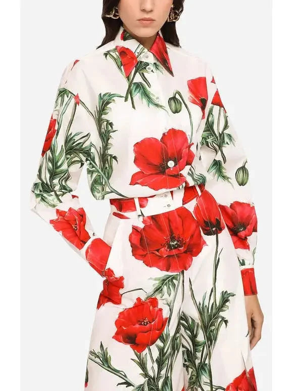 Poppy-Print Poplin Shirt & Midi Skirt Set - Suits & Sets