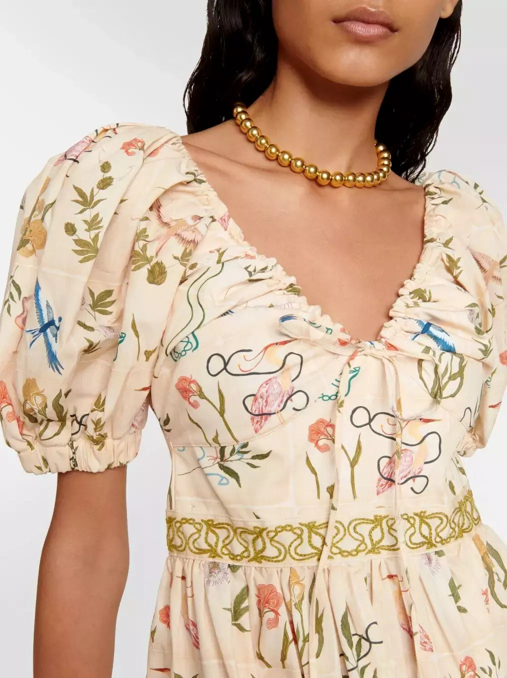 Floral-print cotton tiered dress with adjustable v-neck drawstring and puff sleeves