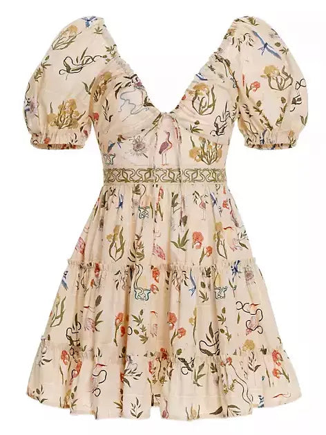 Floral print cotton tiered dress with adjustable v-neck drawstring for stylish comfort