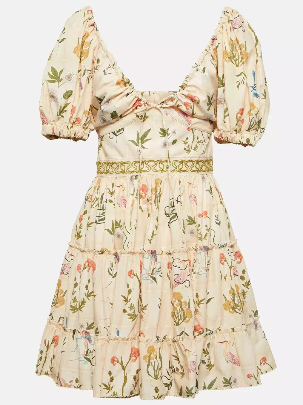 Floral print cotton tiered dress with adjustable v-neck drawstring for a stylish look