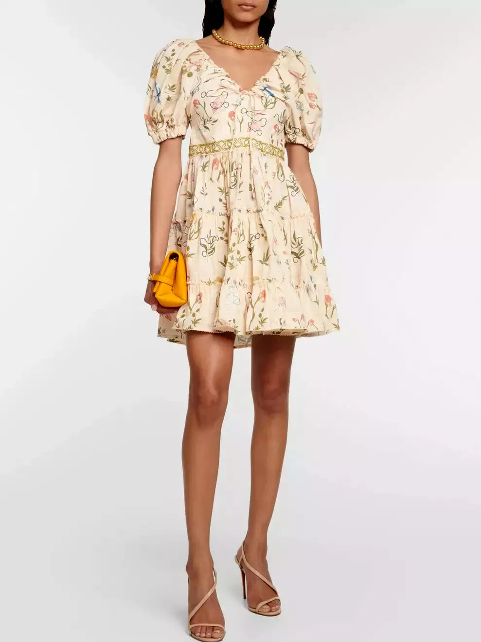Floral-patterned Print Cotton Tiered Dress with Adjustable V-Neck Drawstring for women