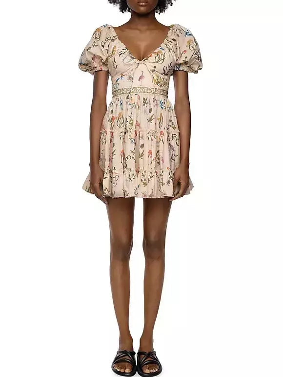 Floral-patterned Print Cotton Tiered Dress with Adjustable V-Neck Drawstring detail