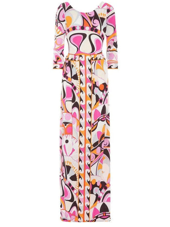 Printed Abstract Long Jersey Silk Dress in Multicolor - Dresses