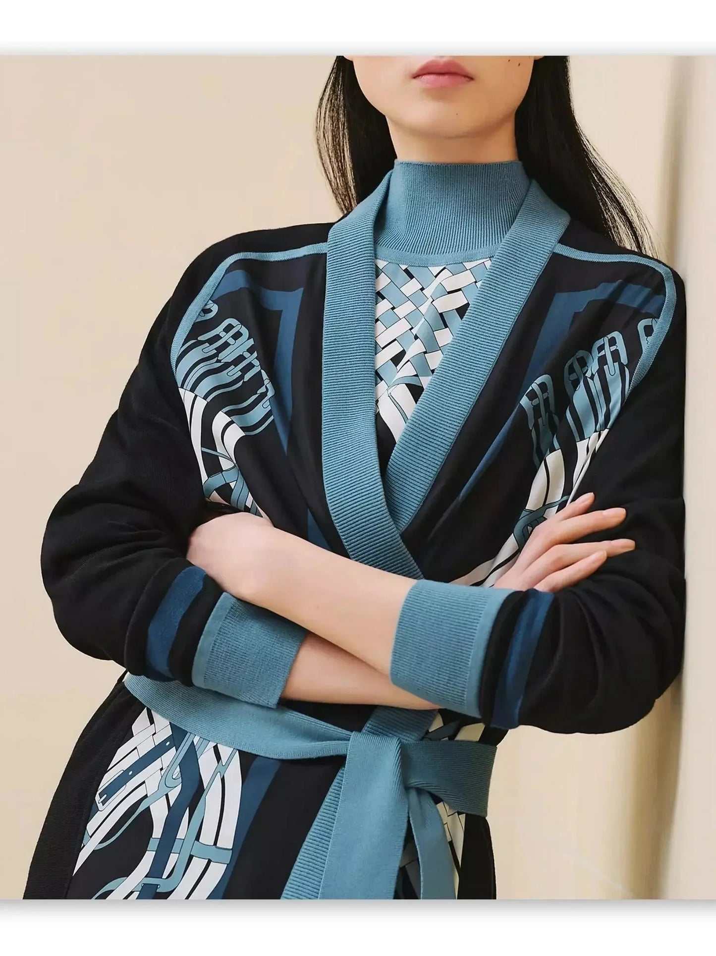 Printed Belted Black Long Cardigan in Silk and Wool - Sweaters & Knitwear