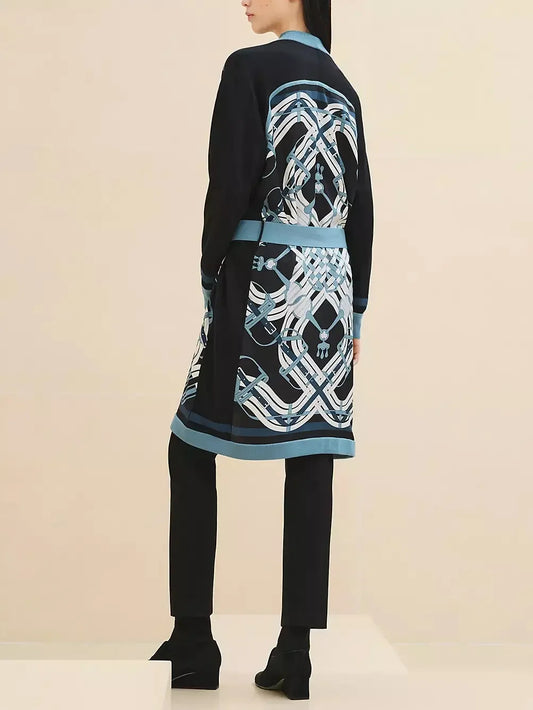 Printed Belted Black Long Cardigan in Silk and Wool - Sweaters & Knitwear