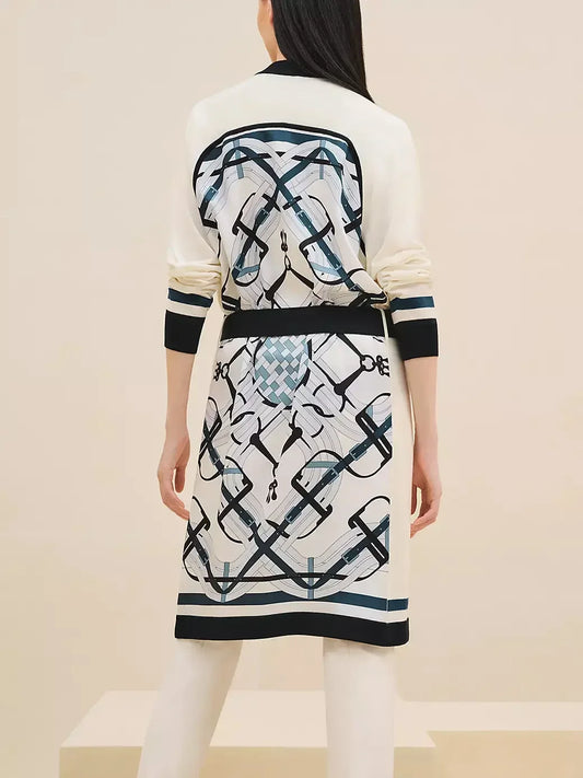 Printed Belted White Long Cardigan in Silk and Wool - Sweaters & Knitwear