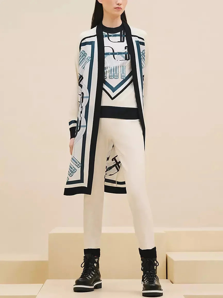 Printed Belted White Long Cardigan in Silk and Wool - Sweaters & Knitwear