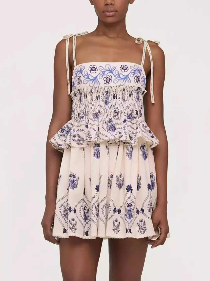 Ivory and blue embroidered cotton-poplin peplum mini dress for stylish summer looks