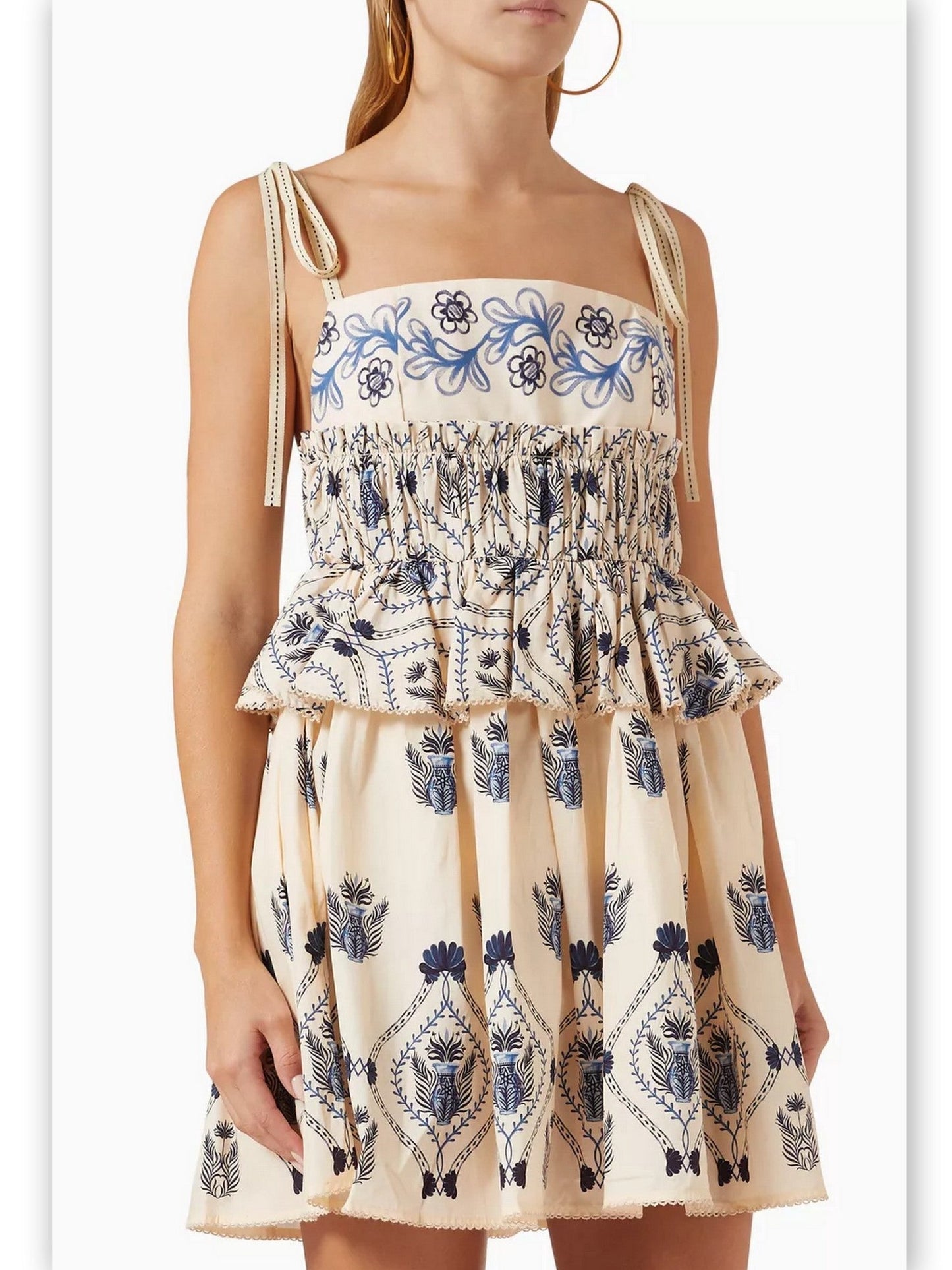 Ivory and blue embroidered Printed Cotton-Poplin Peplum Mini Dress for stylish summer wear