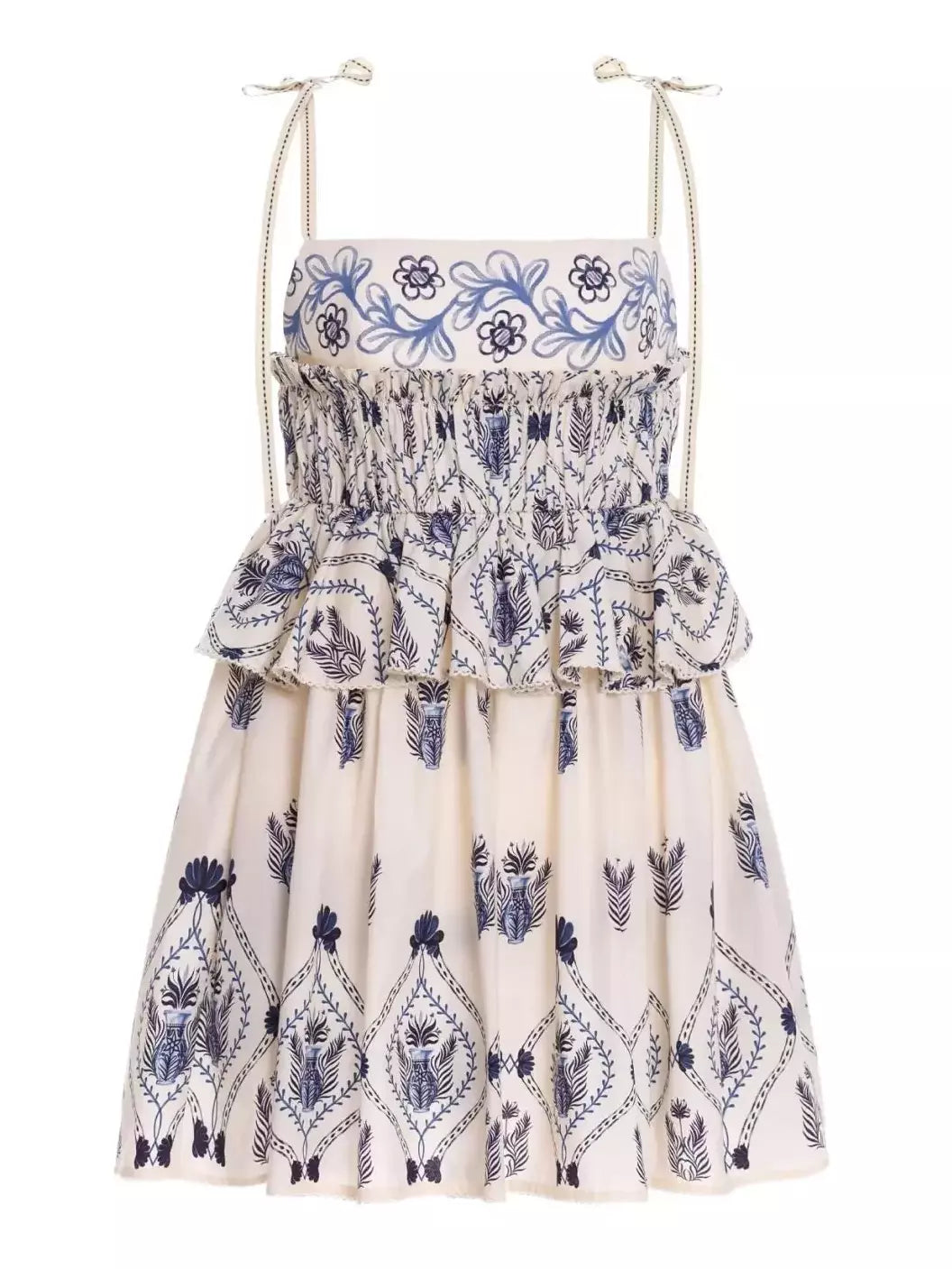 Ivory and blue embroidered cotton-poplin peplum mini dress for stylish summer wear