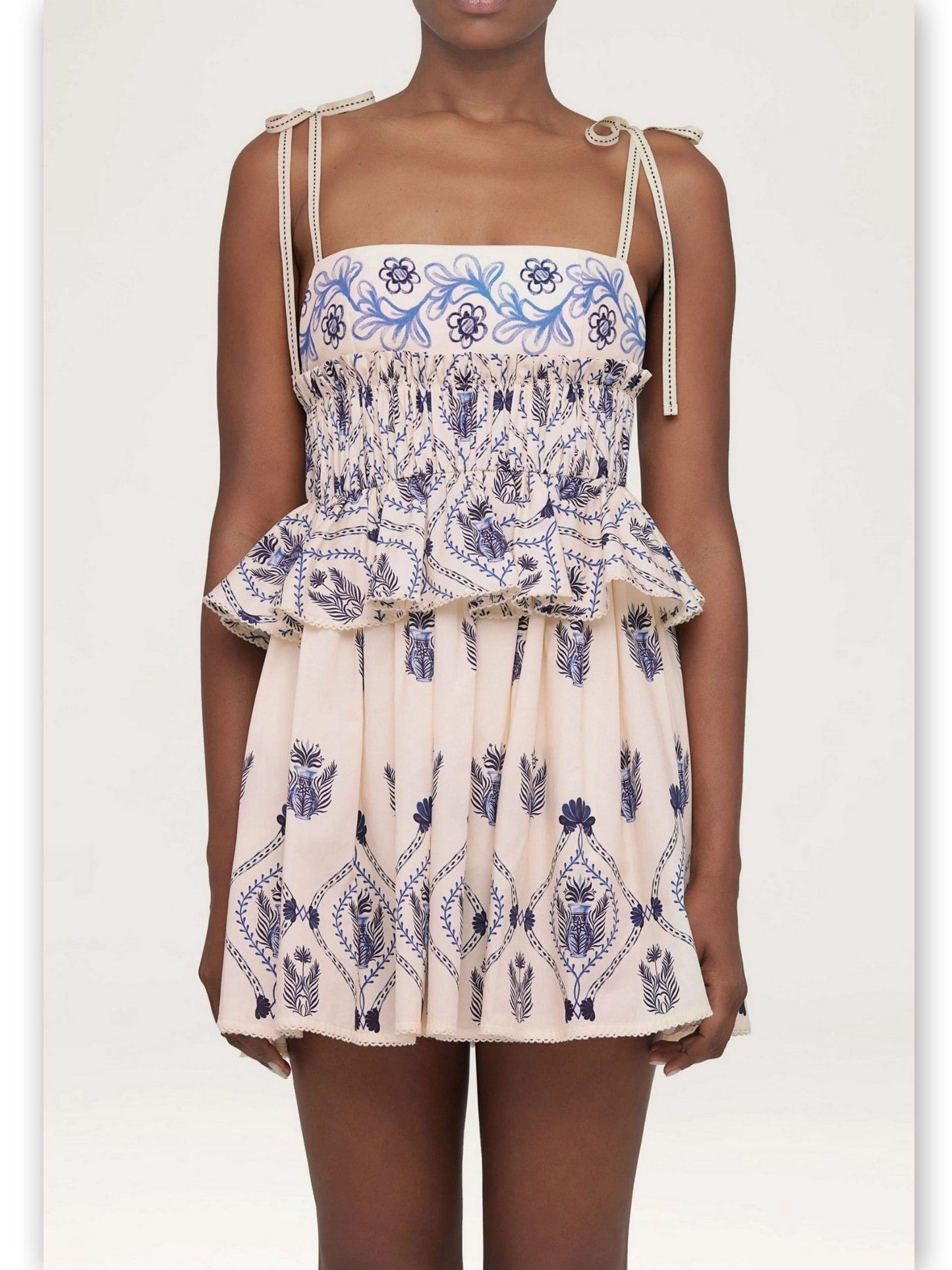 Ivory and blue floral embroidered Printed Cotton-Poplin Peplum Mini Dress