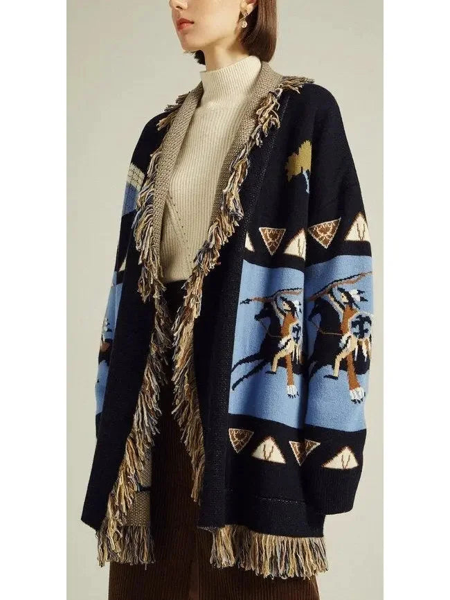 Printed Fringed-Edge Cardigan - Sweaters & Knitwear