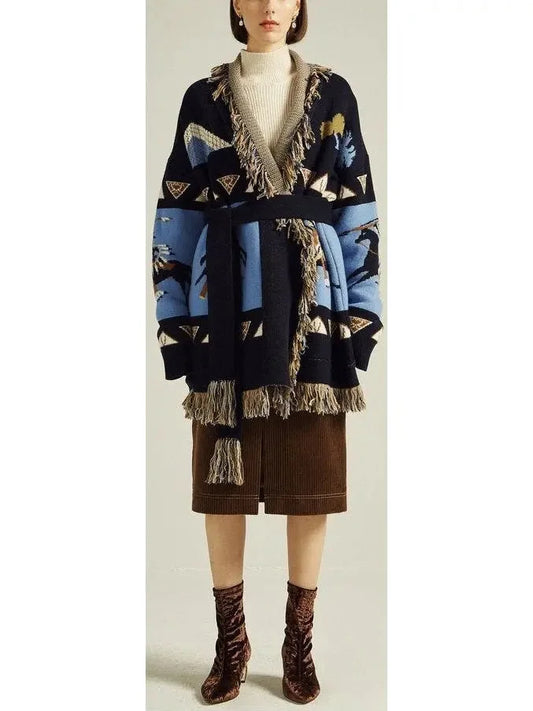 Printed Fringed-Edge Cardigan - small - Sweaters & Knitwear