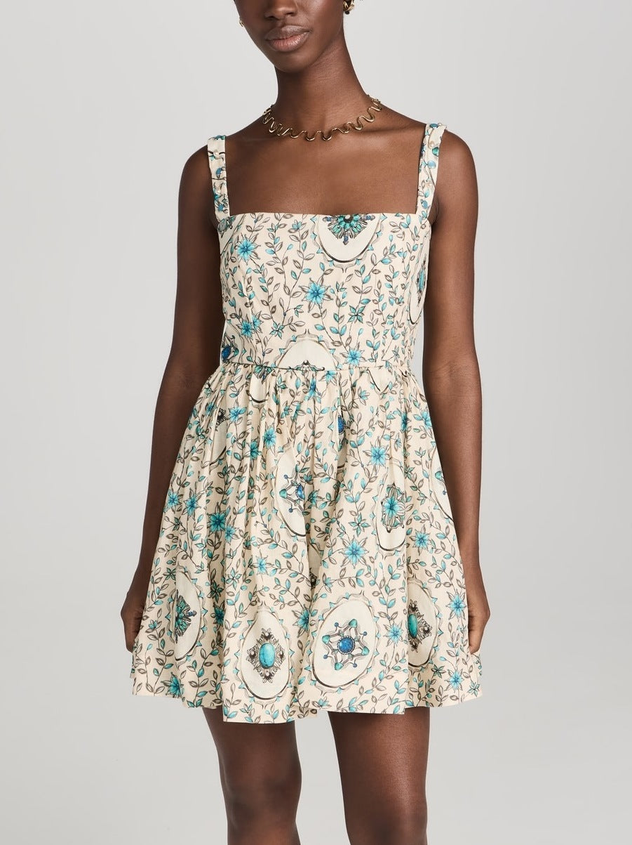 Sleeveless patterned Printed Linen Skater Mini Dress with a fit-and-flare design
