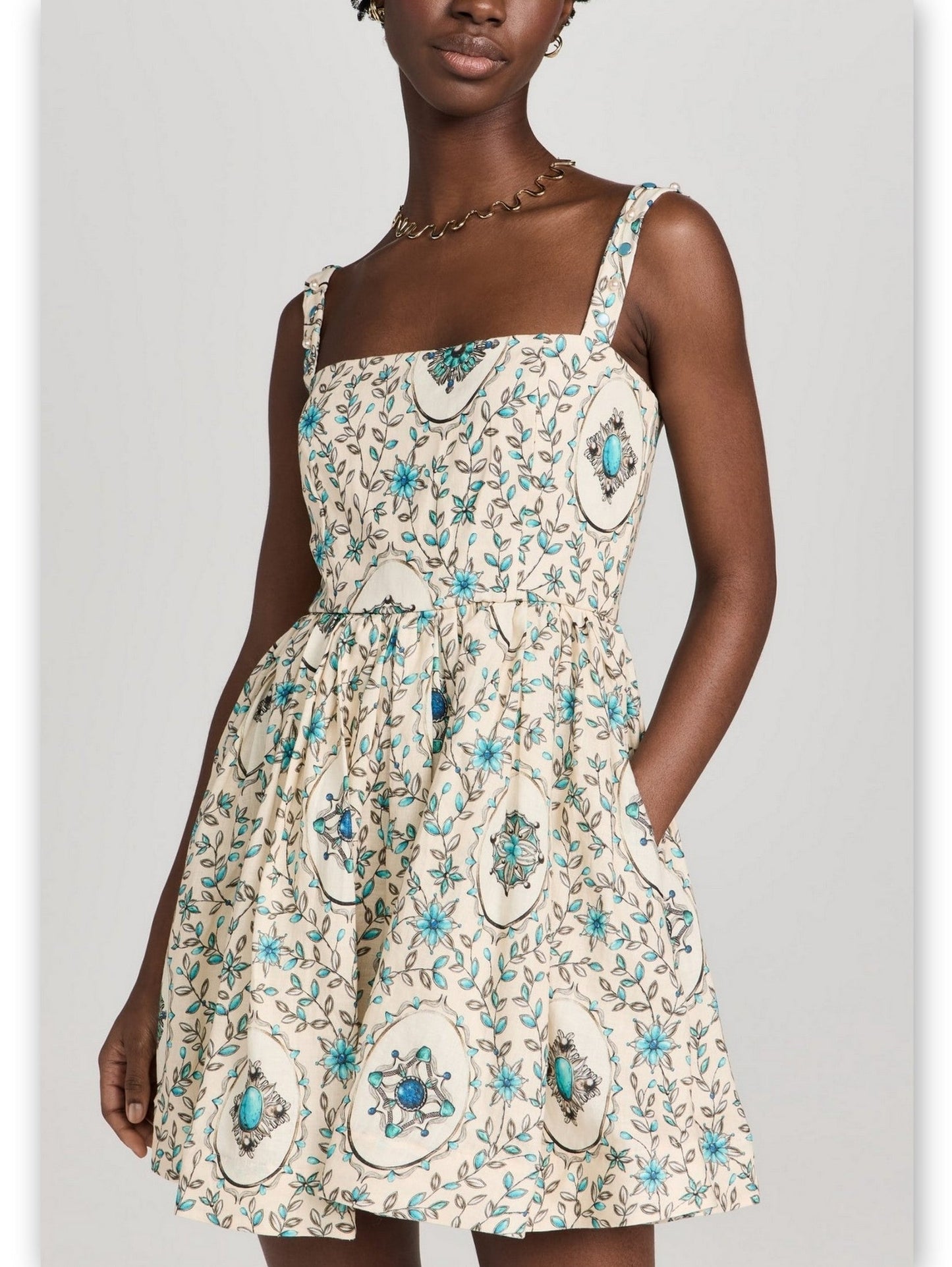 Sleeveless patterned sundress featuring a stylish Printed Linen Skater Mini Dress design
