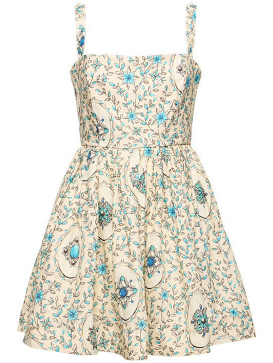 Sleeveless patterned sundress featuring a stylish Printed Linen Skater Mini Dress design