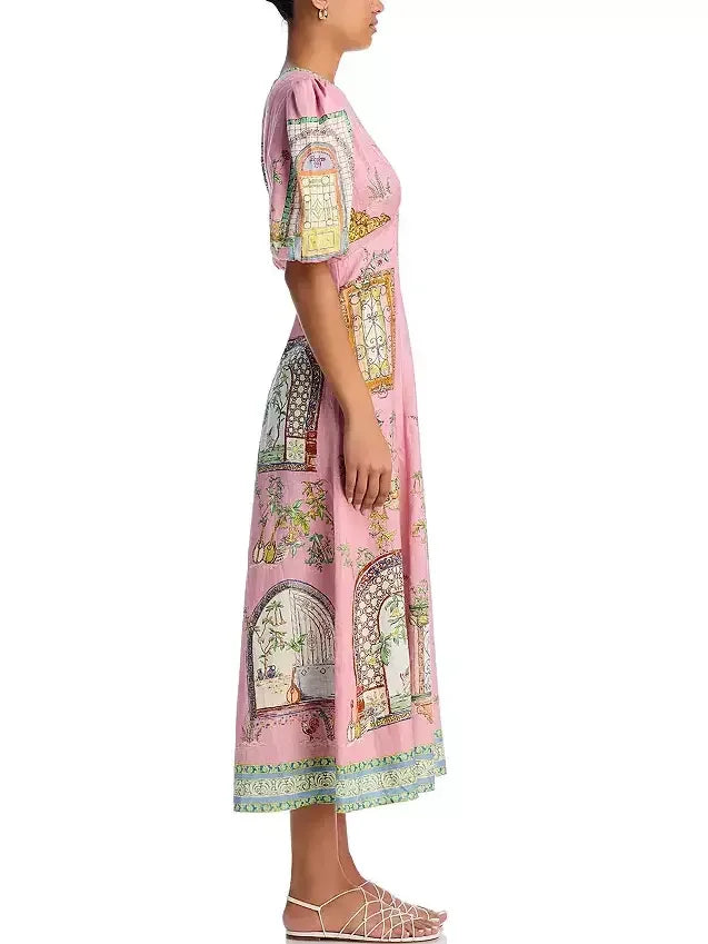 Pink printed midi dress with puff sleeves and scenic print for stylish summer outings