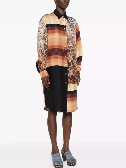 Printed Patchwork Silk Shirt Dress - Dresses