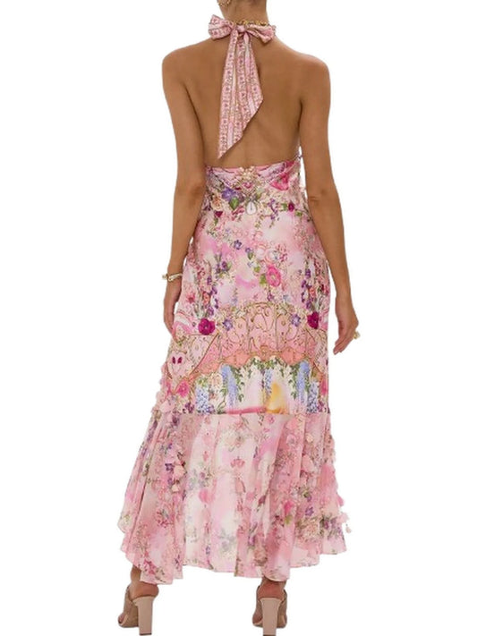 Printed Pink Halter-Neck Silk Dress with Petals - Dresses