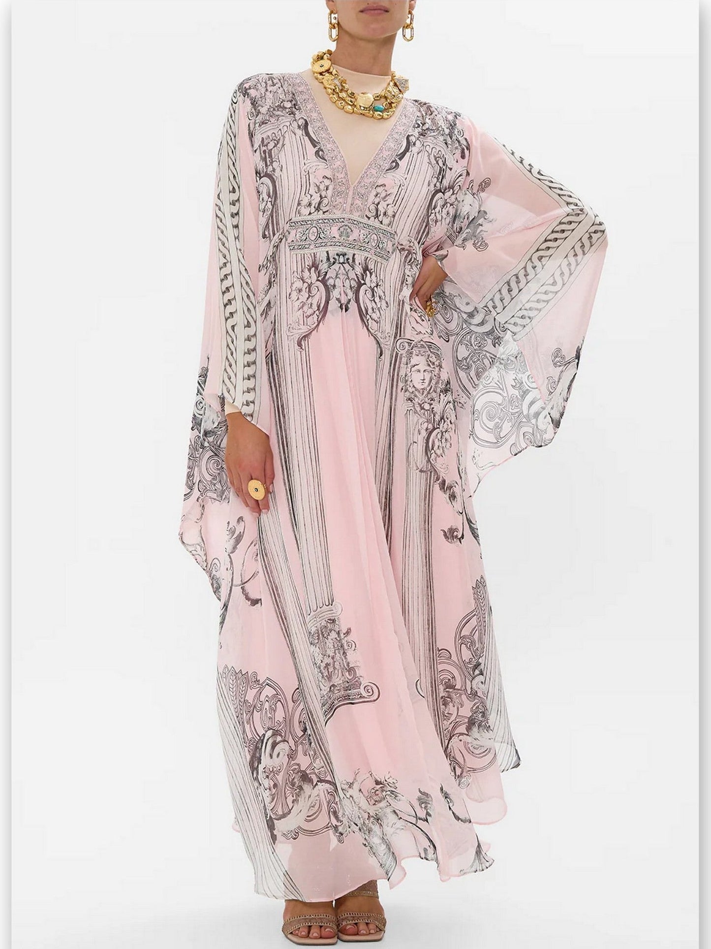 Printed Pink Silk V-Neck Long Kaftan Dress - Dresses