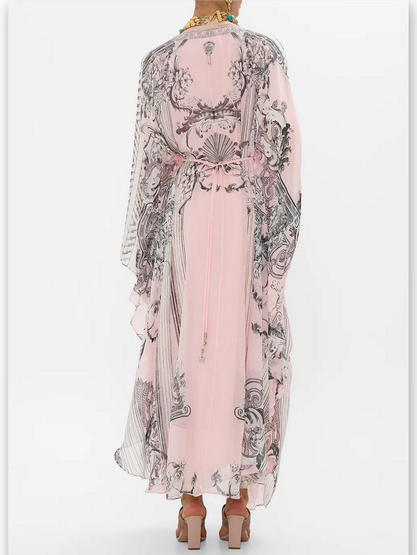 Printed Pink Silk V-Neck Long Kaftan Dress - Dresses
