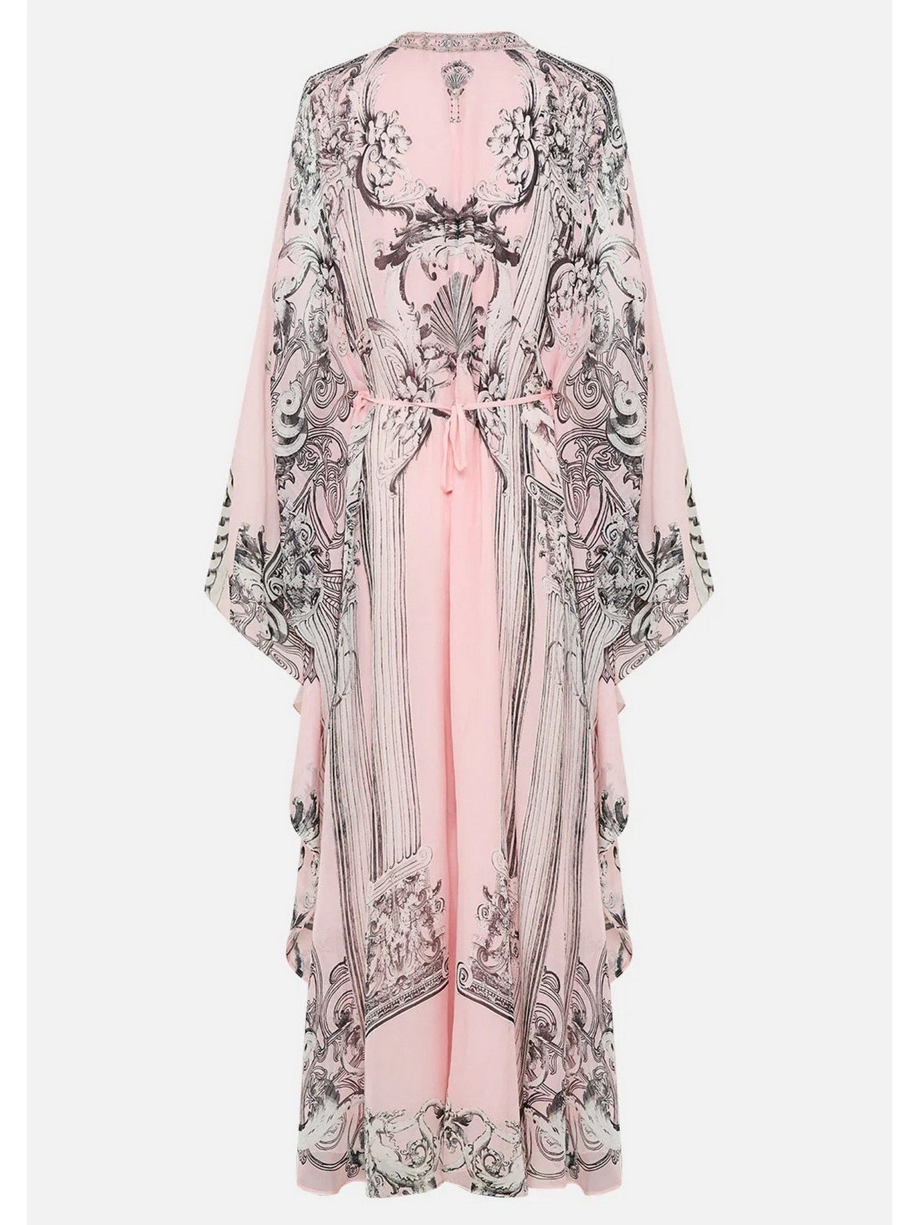 Printed Pink Silk V-Neck Long Kaftan Dress - Dresses
