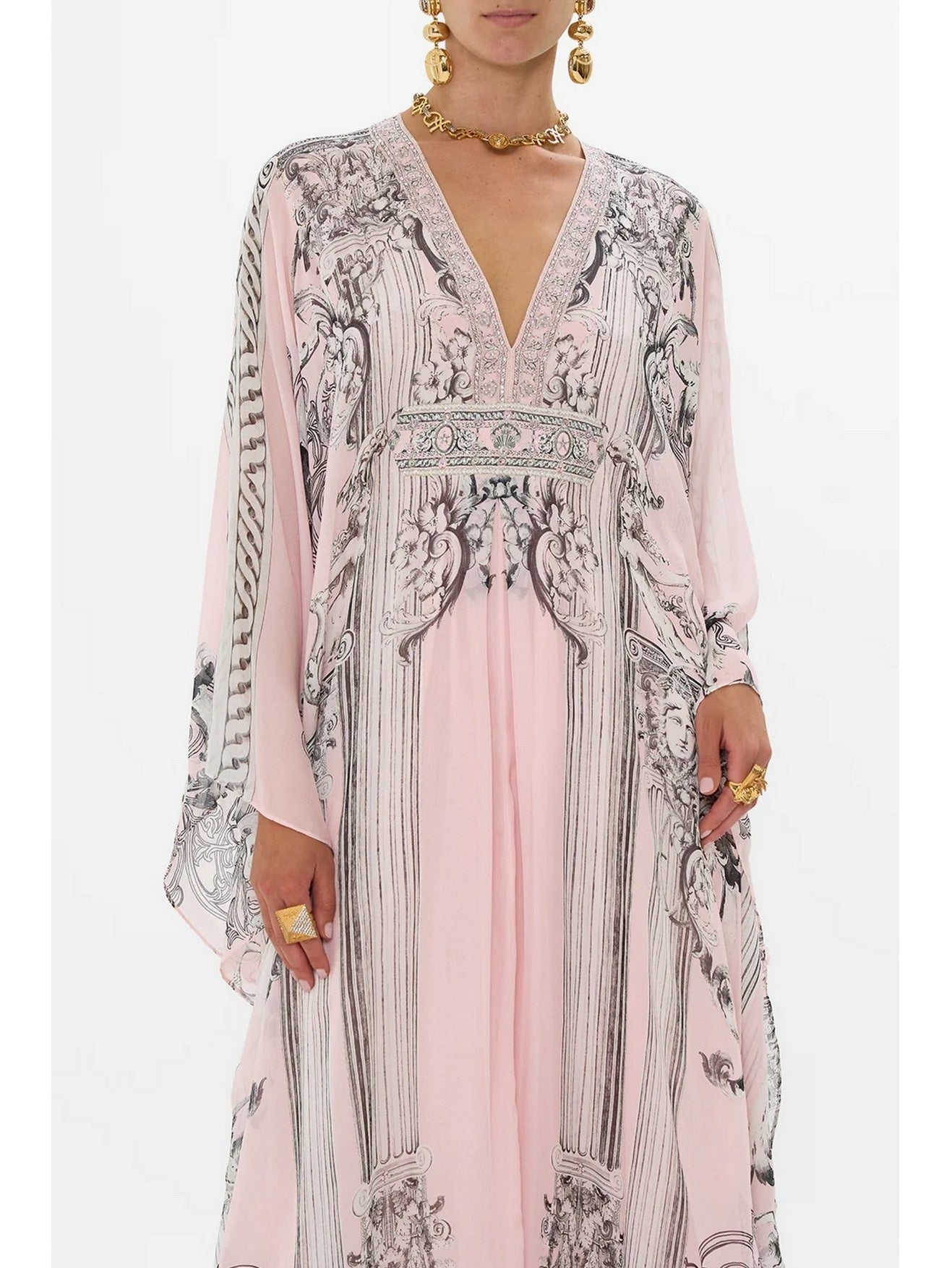 Printed Pink Silk V-Neck Long Kaftan Dress - Dresses