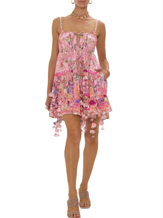 Printed Pink Tie-Front Silk Mini Dress with Petals - Dresses
