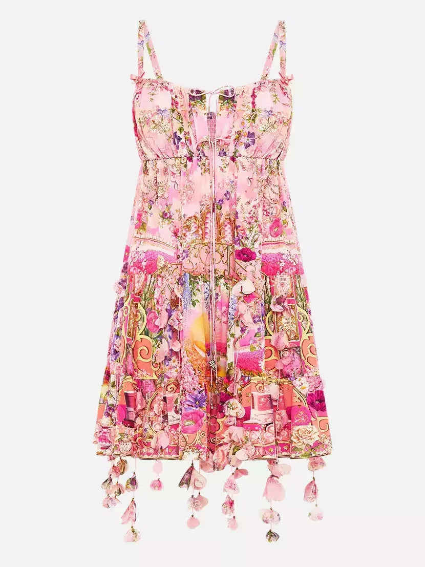 Printed Pink Tie-Front Silk Mini Dress with Petals - Dresses