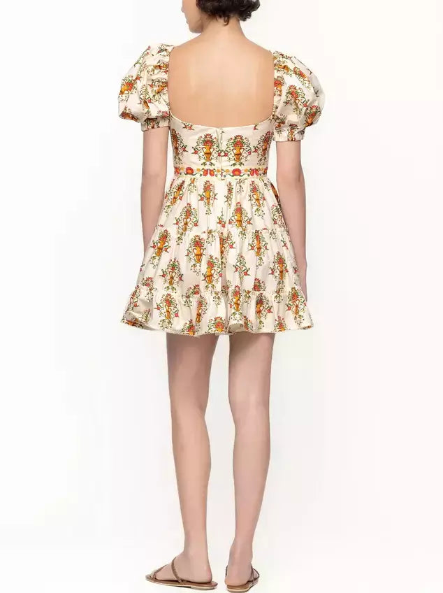 Floral-patterned Printed Puff-Sleeve Mini Dress with Adjustable V-Neck Drawstring