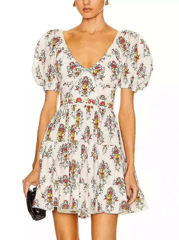 Floral print Printed Puff-Sleeve Mini Dress with Adjustable V-Neck Drawstring
