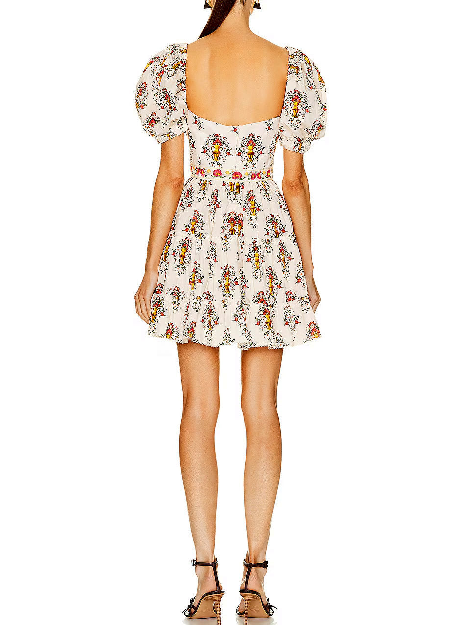 Floral-patterned Printed Puff-Sleeve Mini Dress with Adjustable V-Neck Drawstring