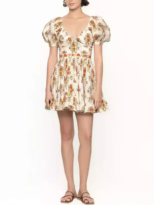 Floral print Printed Puff-Sleeve Mini Dress with Adjustable V-Neck Drawstring
